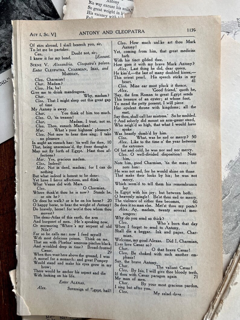 May include: A black and white page from a book with text printed in a serif font. The text is from a play called "Antony and Cleopatra" by William Shakespeare. The text includes the lines "Good friend,' quoth he, 'Say, the firm Roman to great Egypt sends This treasure of an oyster; at whose foot, To mend the petty present, I will piece Her opulent throne with kingdoms; all the east, Say thou, shall call her mistress. So he nodded."