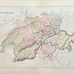 1875 Antique Map of Switzerland: Hand-Colored European Atlas