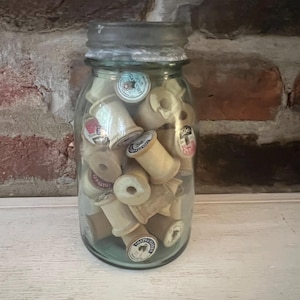 Vintage Wooden Thread Spools in Old Ball Mason Jar, Notions for Crafting, Sewing Room Decor, Nostalgic Memories, Mixed Media Supplies