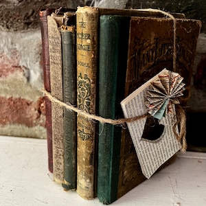May include: A stack of antique books bound together with twine. The books have aged covers in shades of brown, green, and burgundy. One book has the title "THE MOTHER TONGUE BOOK". A paper tag with text and a decorative paper fan are attached.