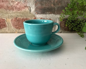 Fiesta Cup and Saucer. Turquoise Fiestaware. Coffee Cup and Saucer.