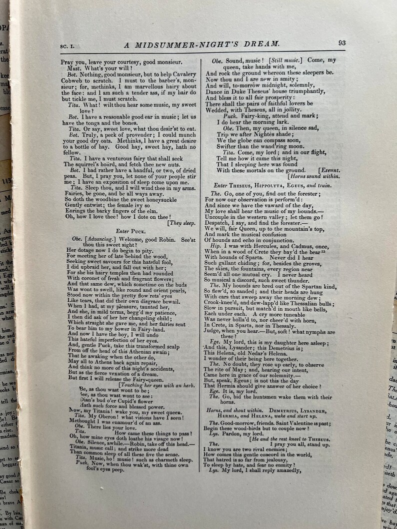 May include: A vintage book with a yellowed page open to a scene from Shakespeare's A Midsummer Night's Dream. The text is in black and white and the page is framed by a brown border.