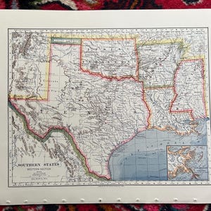 May include: A vintage map of the Southern States, Western Section, showing the states of Texas, Arkansas, Louisiana, Mississippi, Alabama, Georgia, Florida, and parts of Oklahoma, Kansas, and Missouri. The map is printed in black and white with colored borders and includes rivers, cities, and other geographical features.