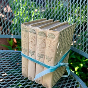 May include: A collection of vintage books, bound together with a light blue velvet ribbon. The books have off-white covers with gold lettering and decorative elements. The spines read "Victor Hugo Les Miserables".