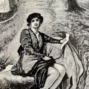 May include: A black and white engraving of a woman sitting on a rock, holding a piece of paper. She is wearing a dark dress and a hat. The engraving is titled "Rosalind".