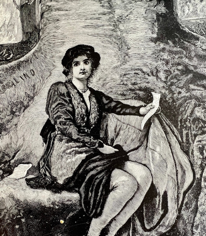 May include: A black and white engraving of a woman sitting on a rock, holding a piece of paper. She is wearing a dark dress and a hat. The engraving is titled "Rosalind".