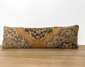 12X40 Bedding Boho Rug Pillow, Muted Earth Tones Antique Rug Pillow, Sofa Couch Pillow, Wool Handmade Pillow