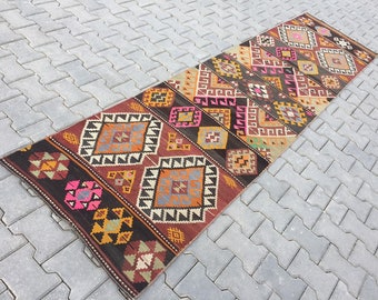Handwoven Wool Kilim Rug Runner: Antique Turkish Bohemian Decor (2’7” X 10’6”)