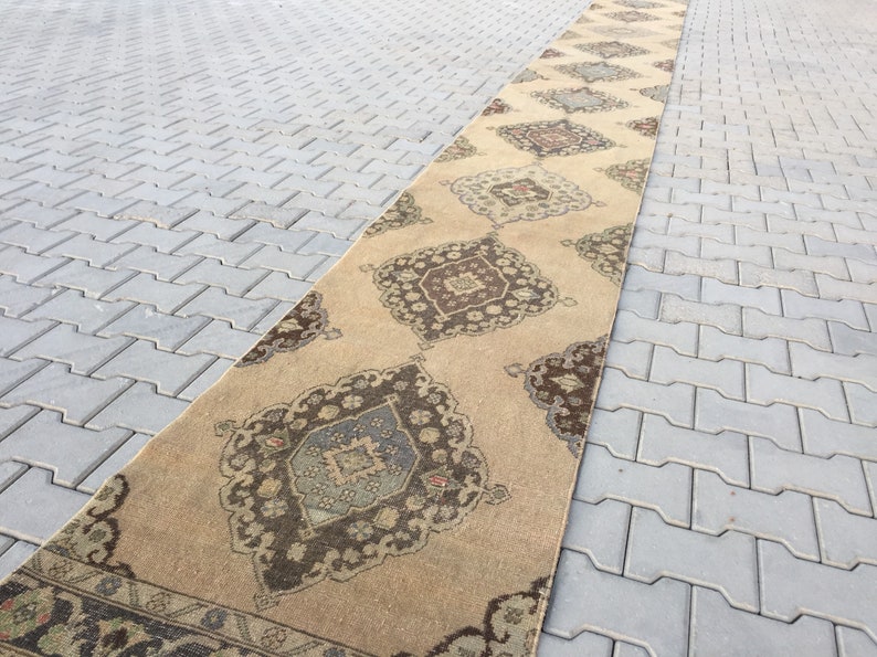 Pu&ograve; includere: Un tappeto da corridoio beige con un motivo geometrico marrone e blu. Il tappeto ha un design tradizionale con dettagli intricati.