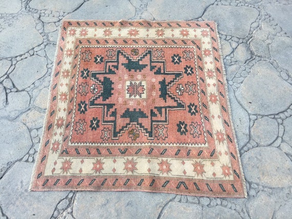 Square Vintage Carpet Rug With Star Motifs, Muted Color Handmade