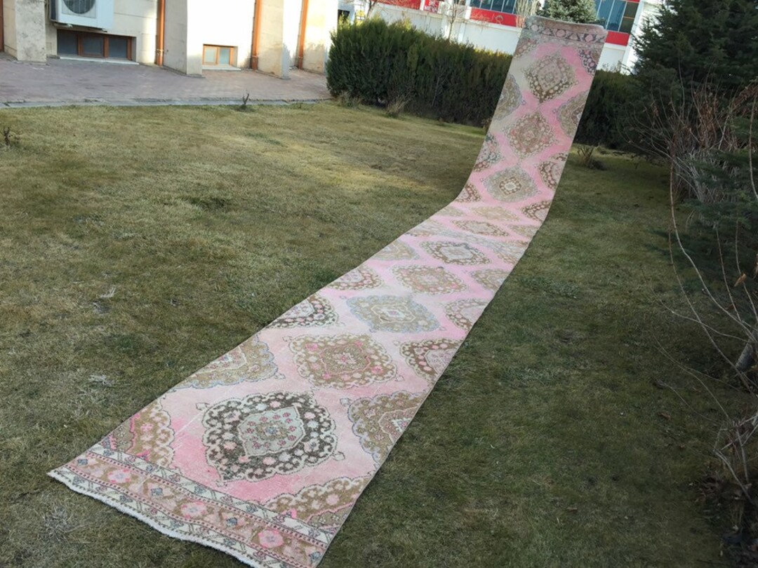 Muted Pink Rug Runner, Long Runner Rug, Oushak Carpet Rug, Staircase