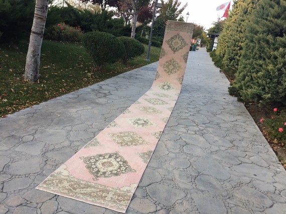Handwoven Vintage Turkish Wool Runner Rug: Hallway Stair Carpet (2’4” X 21’8”)