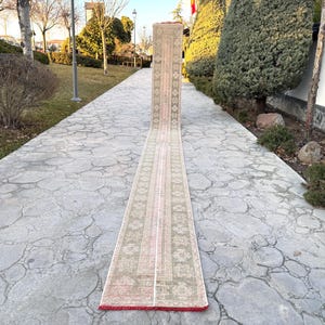 Peut inclure: Un long tapis rectangulaire avec un motif détaillé dans des tons de rose, beige et vert. Le tapis a une bordure rouge et est exposé à l'extérieur sur une allée en pierre. Le design du tapis présente des éléments floraux et géométriques.
