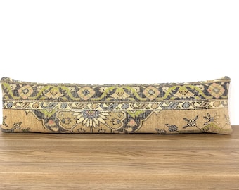 Vintage Turkish Rug Lumbar Pillow Cover 12x49 Inches, Long Bed Pillow, Handmade Cushion, Beige Floral Accent Pillow, DELIVERED DUTY PAID!!!