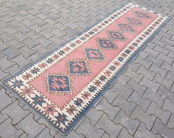 Handwoven Wool Runner Rug: Muted Pink Turkish Bohemian Rug (2’9" X 9'5")