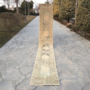 Muted Oushak Rug Runner, Narrow Rug Runner, Pale Rug Runner, Turkish Carpet Rug Runner, Patchwork Rug Runner, 1’7” X 12’ ft