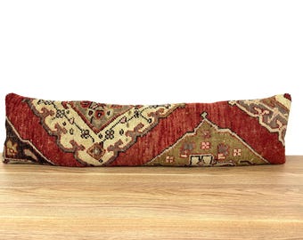 12x48 Inch Vintage Turkish Rug Lumbar Pillow, Handwoven Wool Bench Cushion