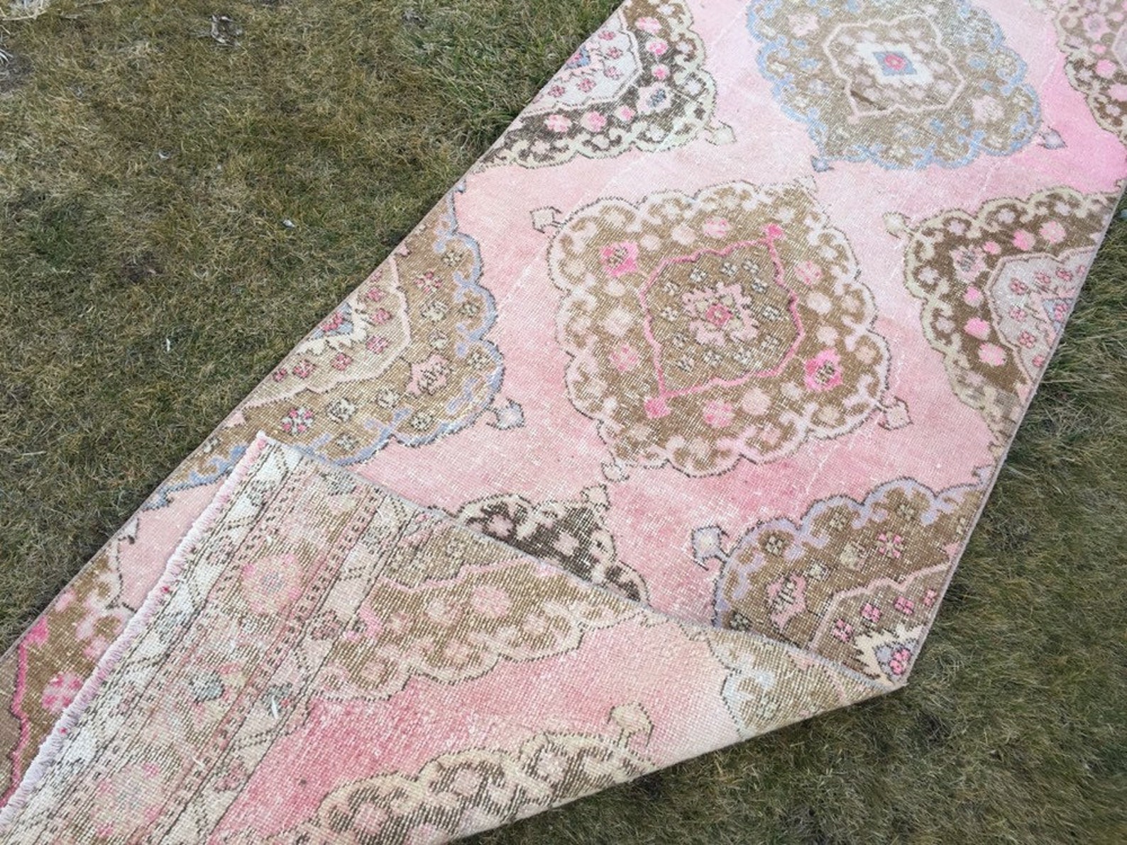 Muted Pink Rug Runner Long Runner Rug Oushak Carpet Rug Etsy