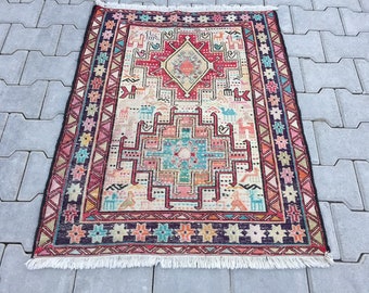 Vintage Soumak Kilim Rug: Caucasian Animal Motif Wool Rug (31” X 41”) DELIVERED DUTY PAID!!!