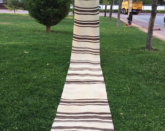 Handwoven Wool Kilim Rug: Vintage Turkish Striped Runner (2’1” x 15’4”)