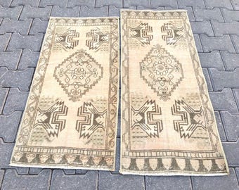 Vintage Turkish Wool Rug Pair: Bohemian Entrance Rugs, Beige Rugs DELIVERED DUTY PAID