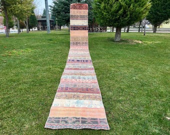 Handwoven Vintage Wool Patchwork Rug: Extra Long Hallway Stair Carpet 2x21