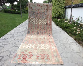 Oversized Anatolian Kilim Rug: Large Vintage Wool Rug (4’6” X 13’9” ft)