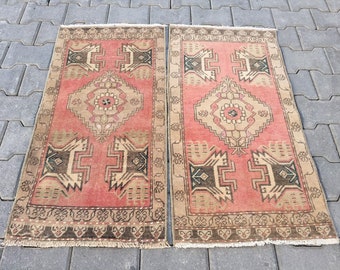 Handwoven Vintage Oushak Rug Pair: Organic Wool Door Mats