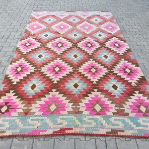 Handgewebter Kelim Teppich: Rautenmuster in Pink, Türkische Wolle 1,80x30,5cm