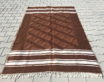 Large Brown Kilim Rug: Handwoven Organic Wool, Boho Style (3’9” x 6’2”)