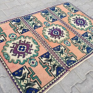 Oriental Throw Small Rug, Entry Carpet Rug, Muted Orange and Blue Rug, 3 Same Rugs, Small Bathroom Rug,Handmade Vintage Carpet Rug