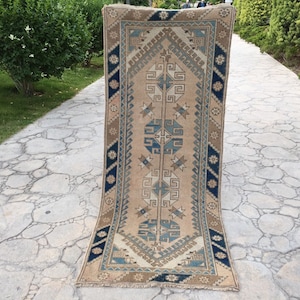 2x6 Runner Rug, Narrow Soft Blue Turkish Wool Runner, Oushak Tribal Hallway Rug, Geometric Floor Decor, Antique Boho Rug 2’4” X 6’