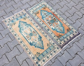 Handmade Wool Oushak Rug Pair: Small Turkish Bath Mats