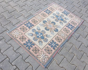 Handwoven Muted Blue Wool Rug: Vintage Small Carpet (2’7” X 4’3”)