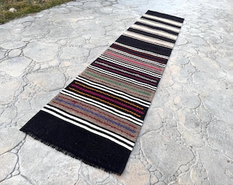 Handwoven Wool Kilim Runner: Black Gray Stripe Organic Rug (2'3"x10'6")