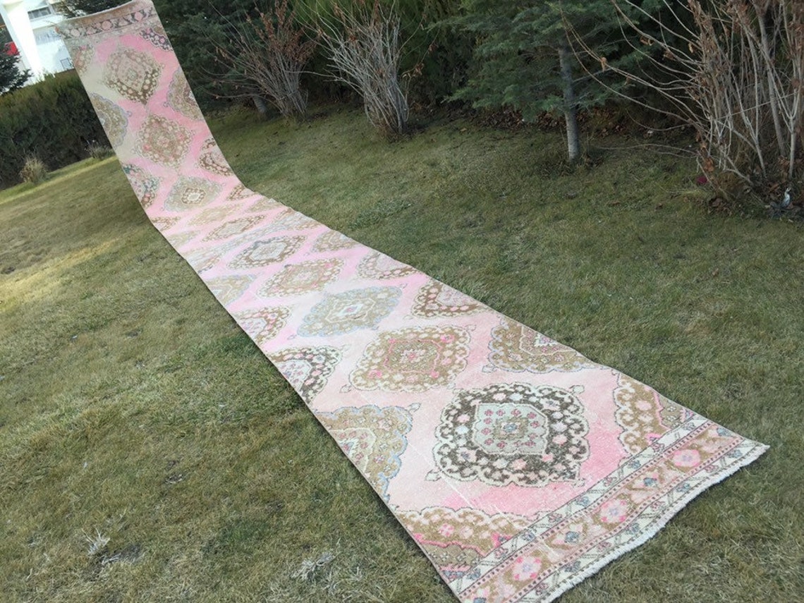 Muted Pink Rug Runner Long Runner Rug Oushak Carpet Rug Etsy