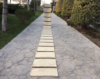 Handwoven Wool Kilim Rug Runner: Extra Long Striped Turkish Rug (2’ X 23’8”)