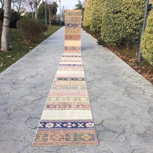 Pode incluir: Um tapete longo e estreito, multicolorido, com um padrão geométrico. O tapete está colocado em uma calçada de concreto cinza.