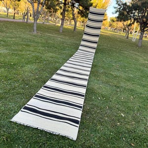 Extra Long Kilim Runner Rug, Stair Runner Rug, Black Striped Wool Kilim Rug Runner, Handmade Vintage Kilim Runner 2’3” X 22’9” Black White