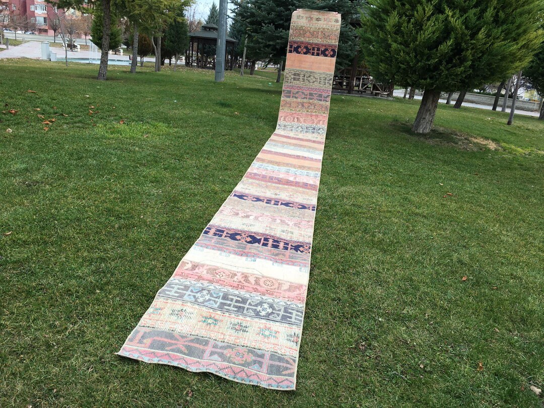 Extra Long Patchwork Runner Rug: Handwoven Oushak Wool Hallway Carpet ...