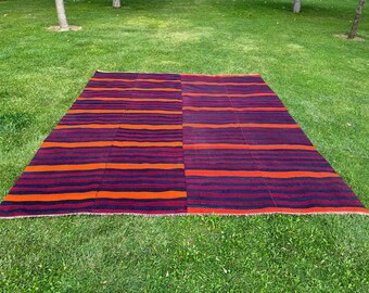 Oversized Striped Kilim Rug: Orange, Red & Navy Wool, 9’3” X 10’6”