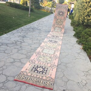 Extra Long Rug Runner, Antique Carpet Rug Runner, Staircase Runner Rug, Muted Soft Color with Traditional Motifs Oushak Runner 2’6” X 22’1”