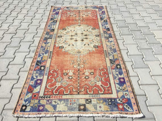 Bohemian Area Rug, Muted Orange and Blue Carpet Rug 3'3" x 6'8"