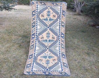 Alfombra turca de lana tejida a mano en azul apagado (78 x 170 cm)
