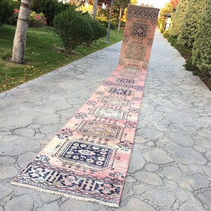 Neutral Extra Long Rug Runner, Muted Color Red and Navy Blue Green Colored Rug Runner, Oushak Carpet Runner Rug, 2’7” X 23’ ft Long Runner