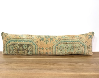 Cuscino lungo per panca, cuscino decorativo per ingresso, in lana neutra, fatto a mano, verde e beige, 30 x 120 cm.