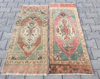Vintage Turkish Oushak Rug Pair: Handwoven Wool Small Rugs