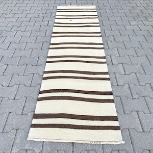 Neutral Minimalist Rug Runner, Entryway Rug Runner, Kilim Rug Runner, Organic Sheep Wool with Natural Light Brown Striped Mid Century Runner