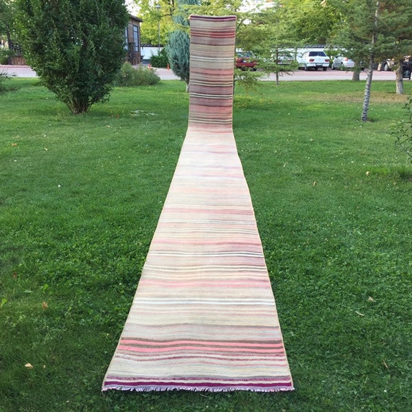 Long Kilim Rug Runner, Extra Long Runner Rug, Striped Kilim Runner with Multi Color, Handwoven Vintage Made of Neutral Wool Runner