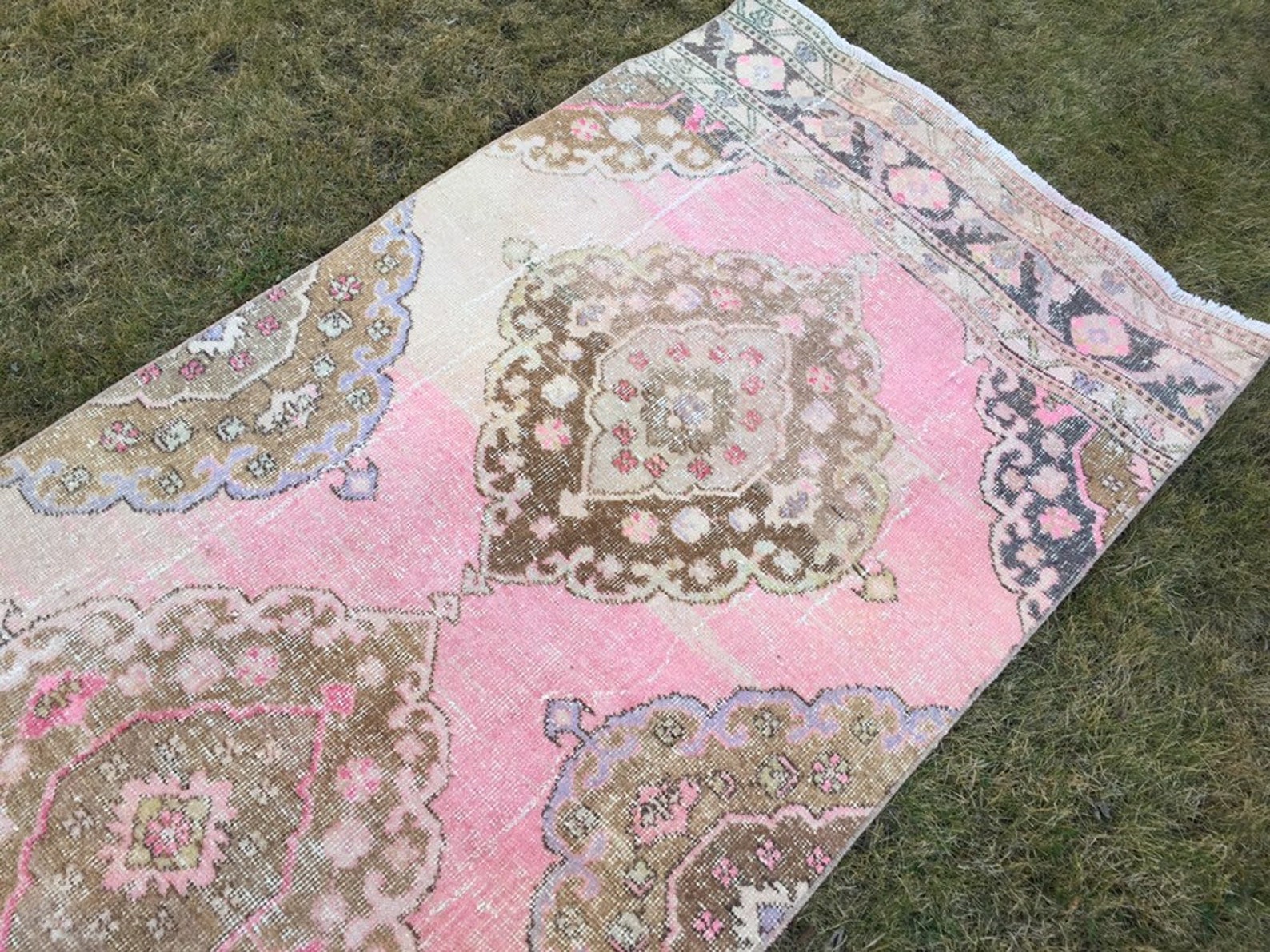 Muted Pink Rug Runner Long Runner Rug Oushak Carpet Rug Etsy